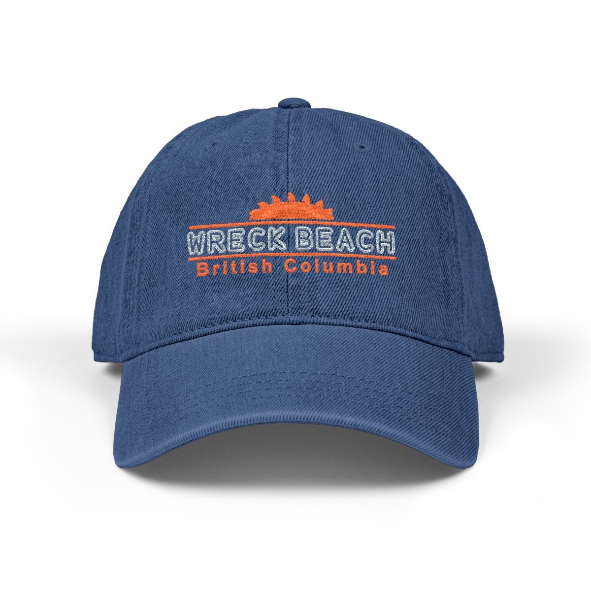 Blue denim hat embroidered with an orange rising sun over outlined Wreck Beach lettering and British Columbia