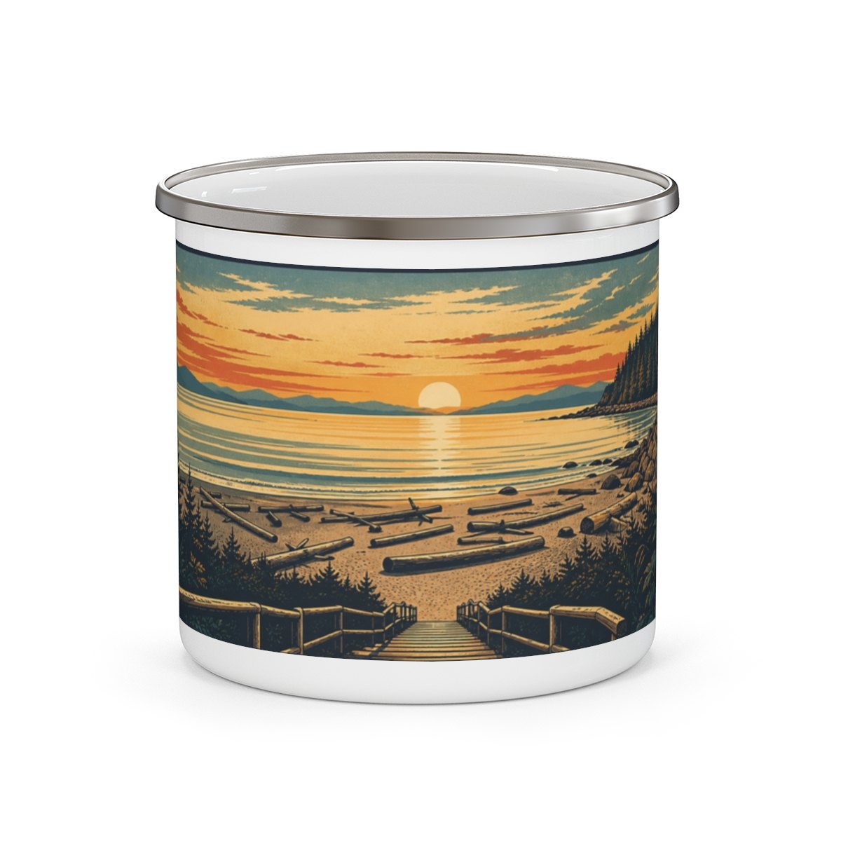 White enamel camping mug wrapped in a sunset scene — the boardwalk down through firs to a log-strewn beach and the sun setting over the water