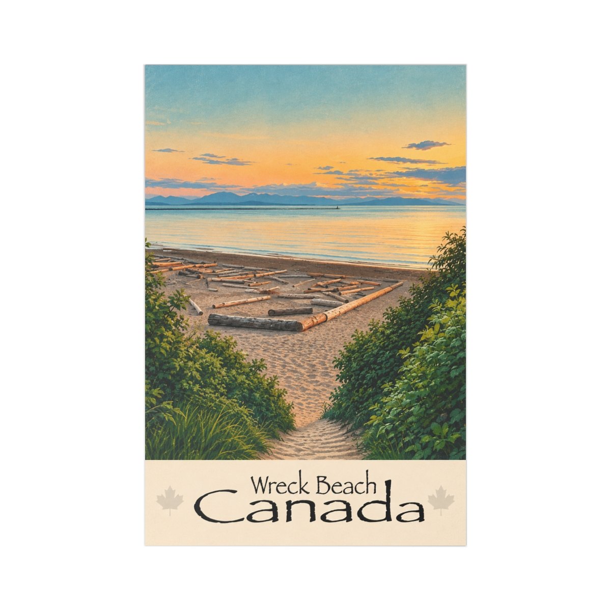 Postcard showing a sandy path through green bushes to a log-strewn beach at sunset, lettered Wreck Beach Canada