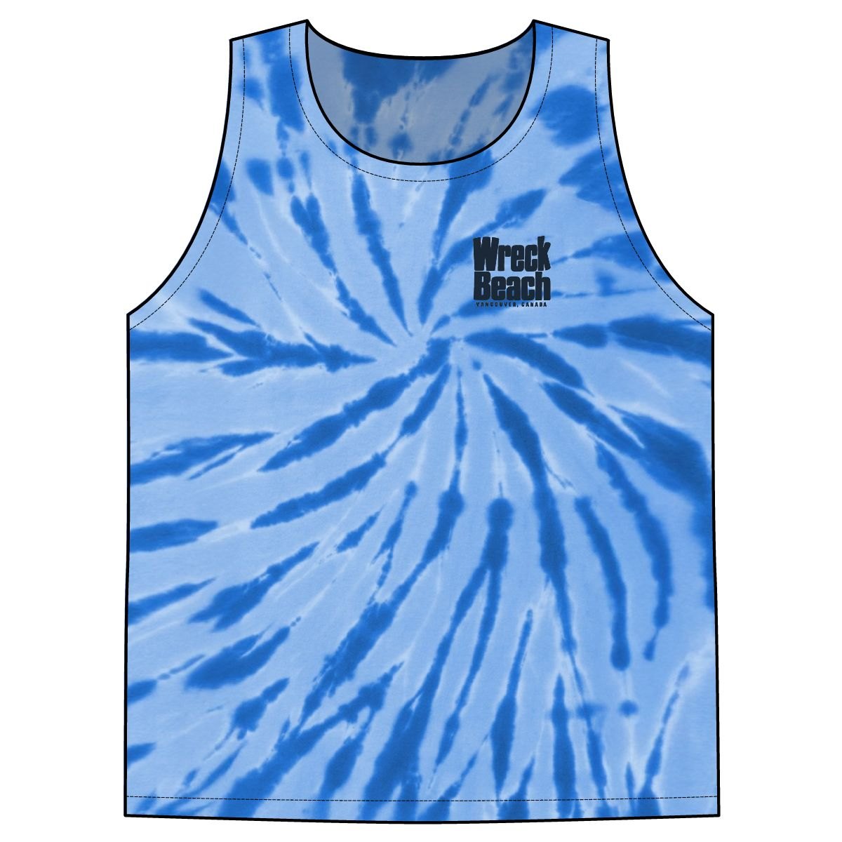 Royal blue tie-dye tank top with a small navy Wreck Beach, Vancouver, Canada mark on the left chest