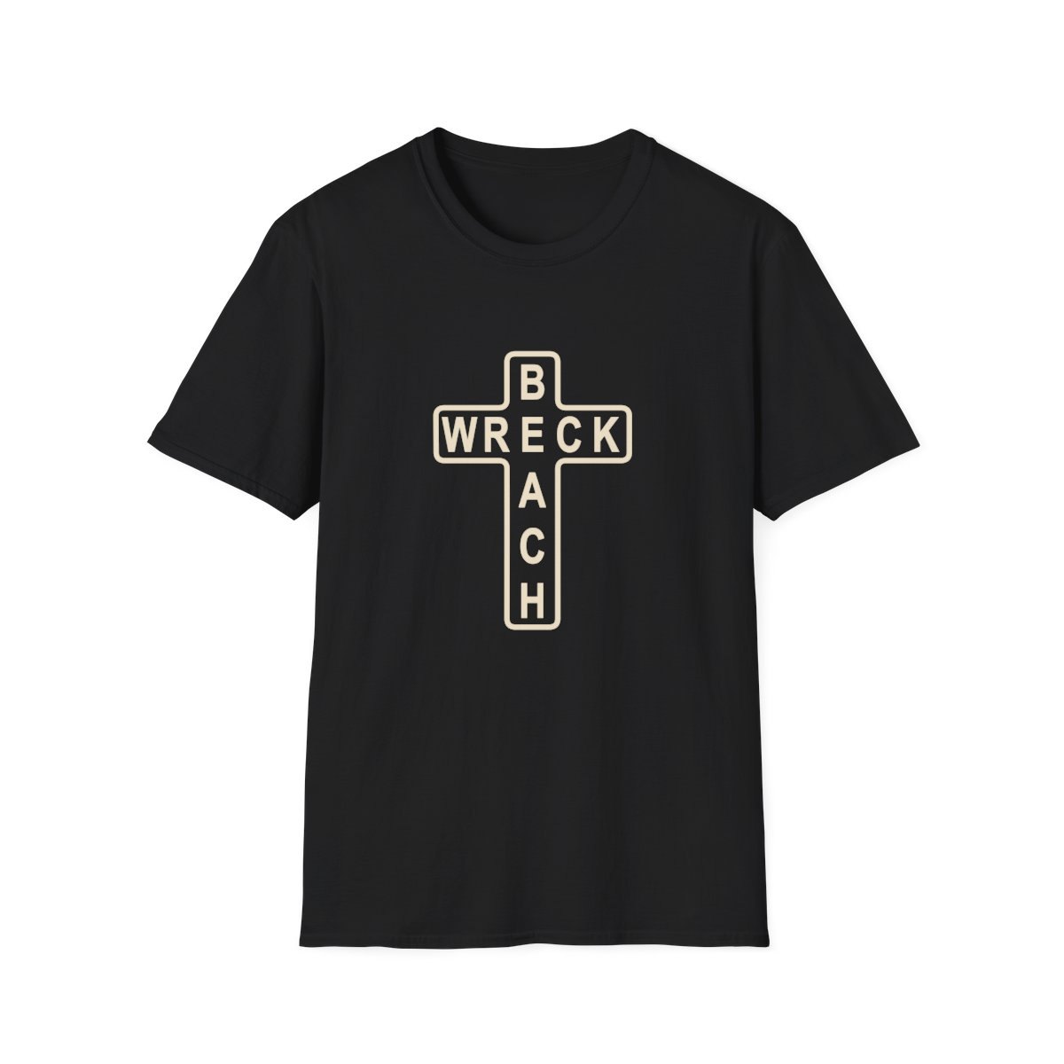 Black t-shirt with a cream outlined cross spelling WRECK across and BEACH down, sharing the letter E