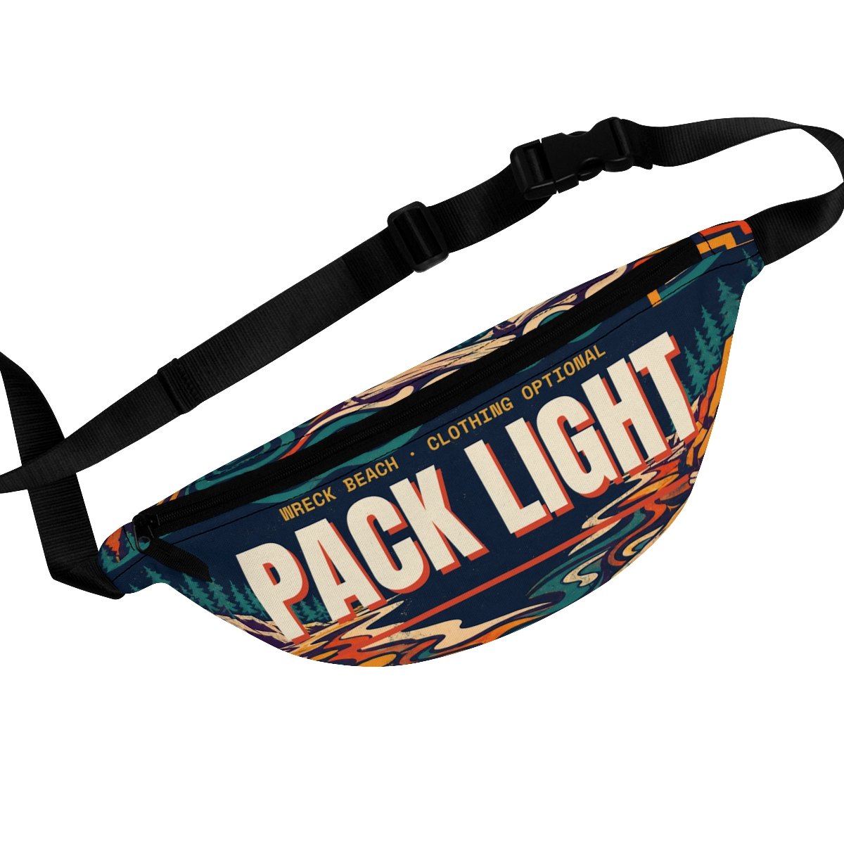 All-over print fanny pack in navy, teal and orange driftwood pattern reading PACK LIGHT
