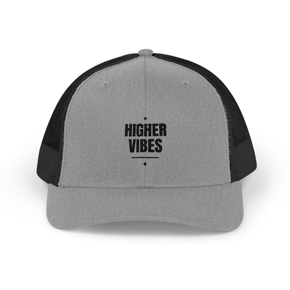 Heather grey trucker cap reading Higher Vibes