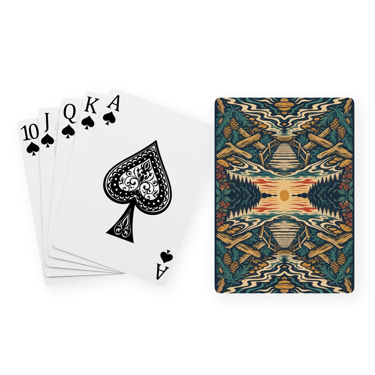 A poker hand of spades fanned out beside a Wreck Beach playing card back, printed in teal, cream and gold with a mirrored pattern of Trail 6 stairs, driftwood, tide lines and firs around a Pacific sunset