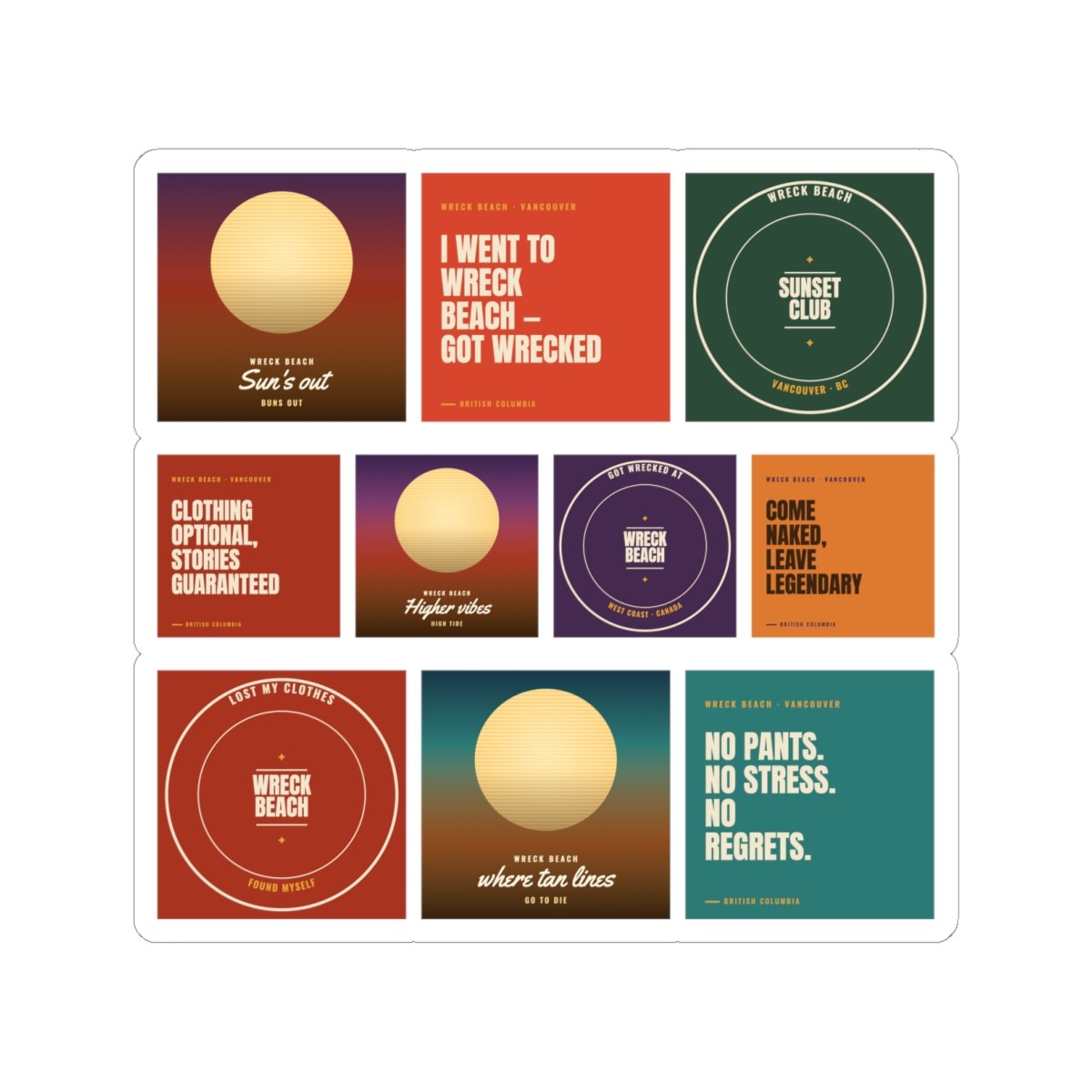 Sheet of ten Wreck Beach vinyl stickers