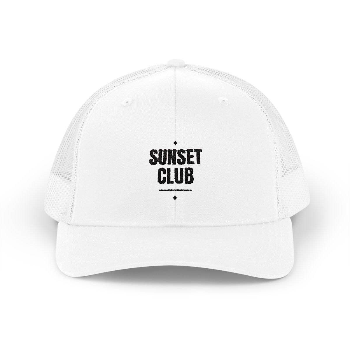 White trucker cap reading Sunset Club