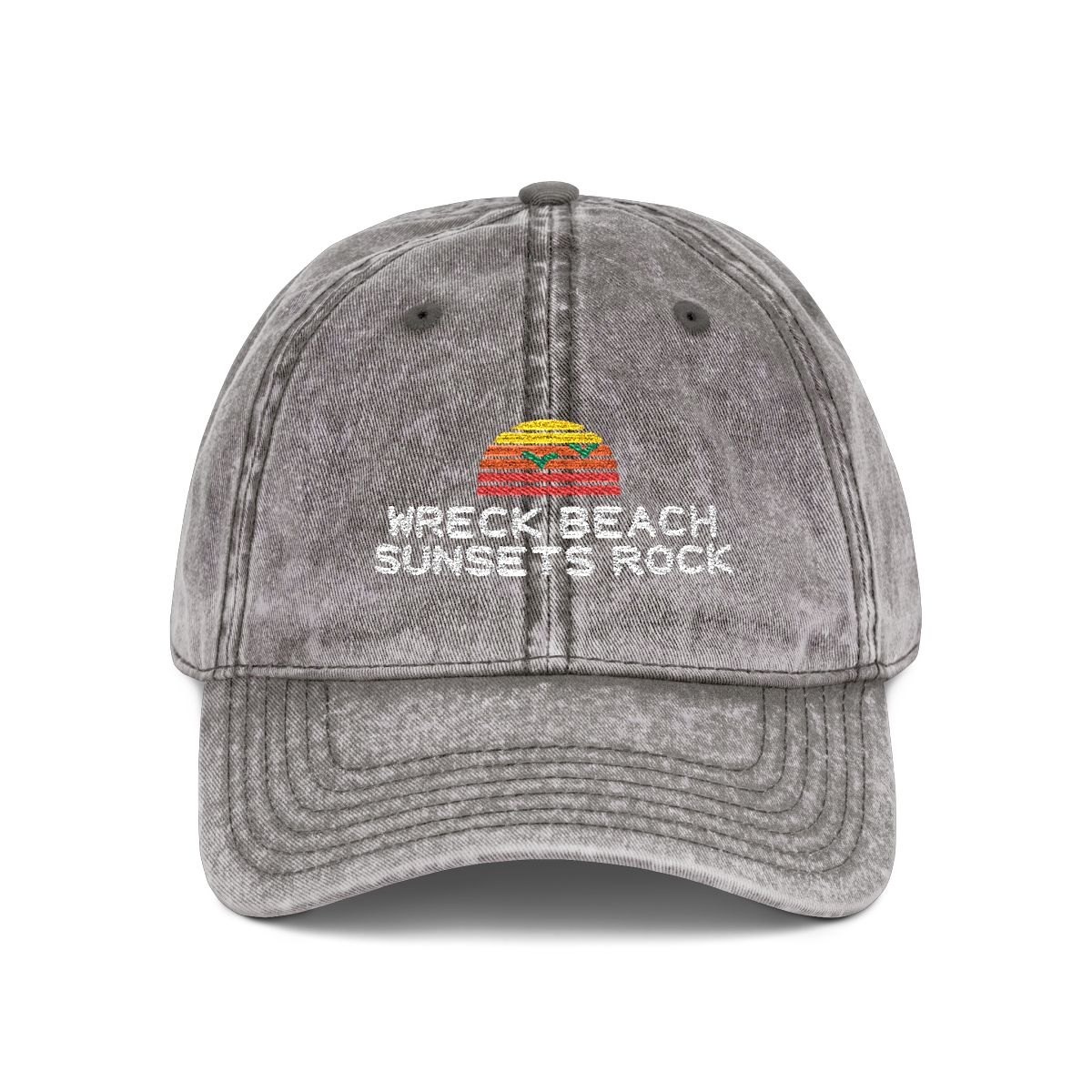 Washed charcoal vintage cap embroidered with a striped retro sunset and two gulls over Wreck Beach, Sunsets Rock
