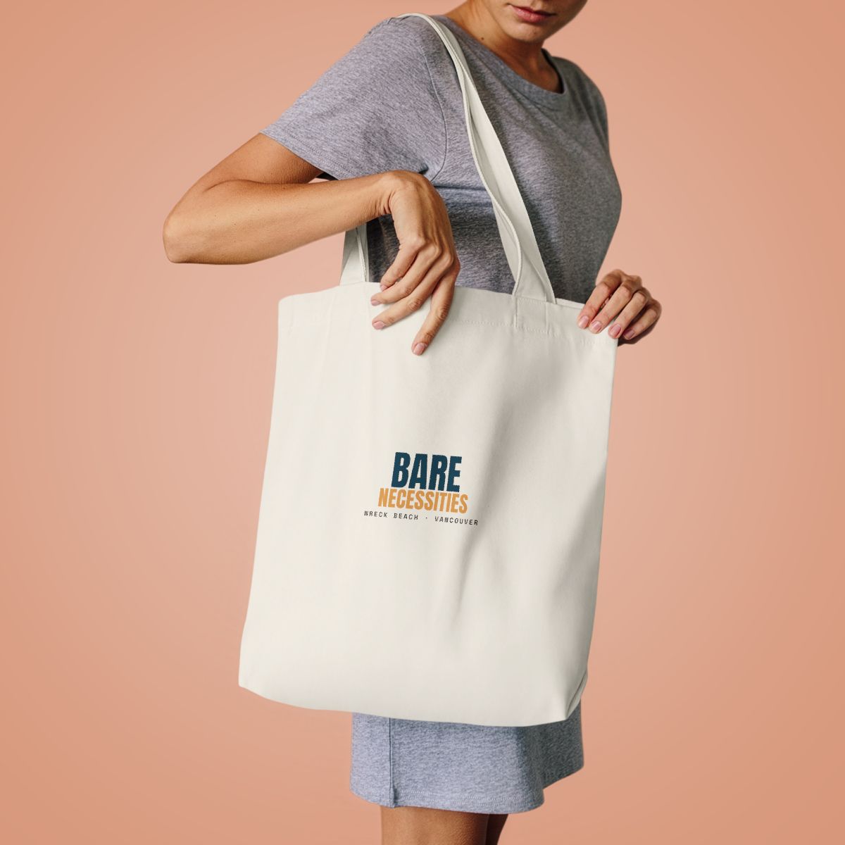 Bare Necessities natural canvas tote bag with ink and gold Wreck Beach lettering