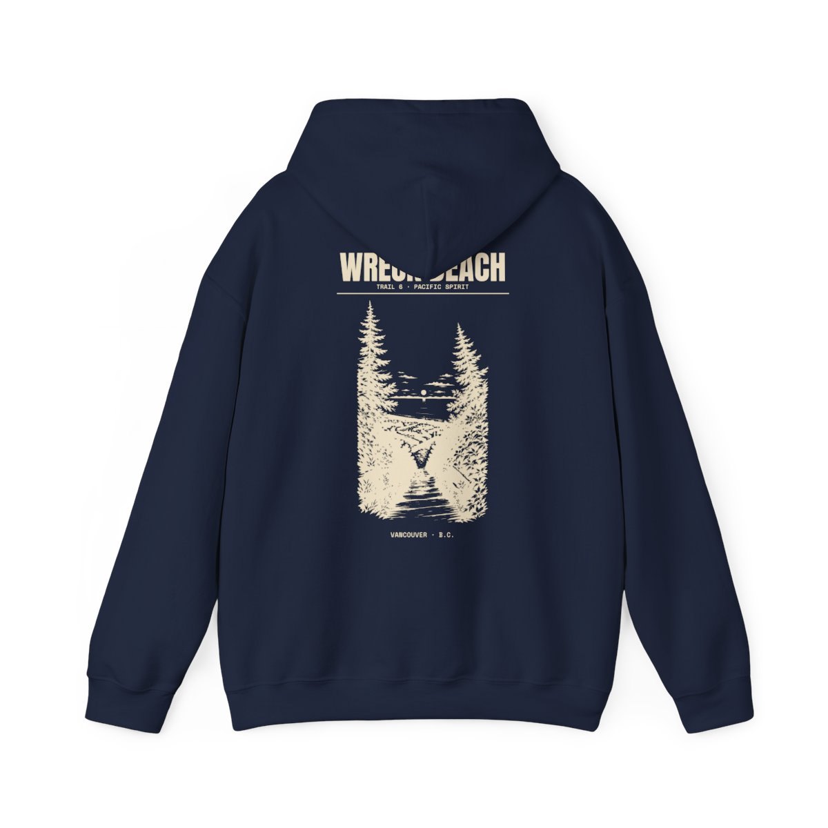 Navy hoodie, back view, with a cream line drawing of the Trail 6 stairs descending through firs to Wreck Beach