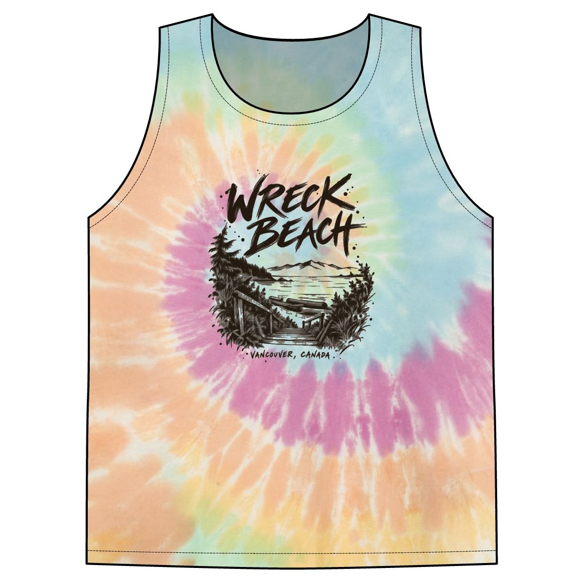 Pastel rainbow tie-dye tank top with brush-lettered Wreck Beach over an ink sketch of wooden stairs descending through trees to a log-strewn beach